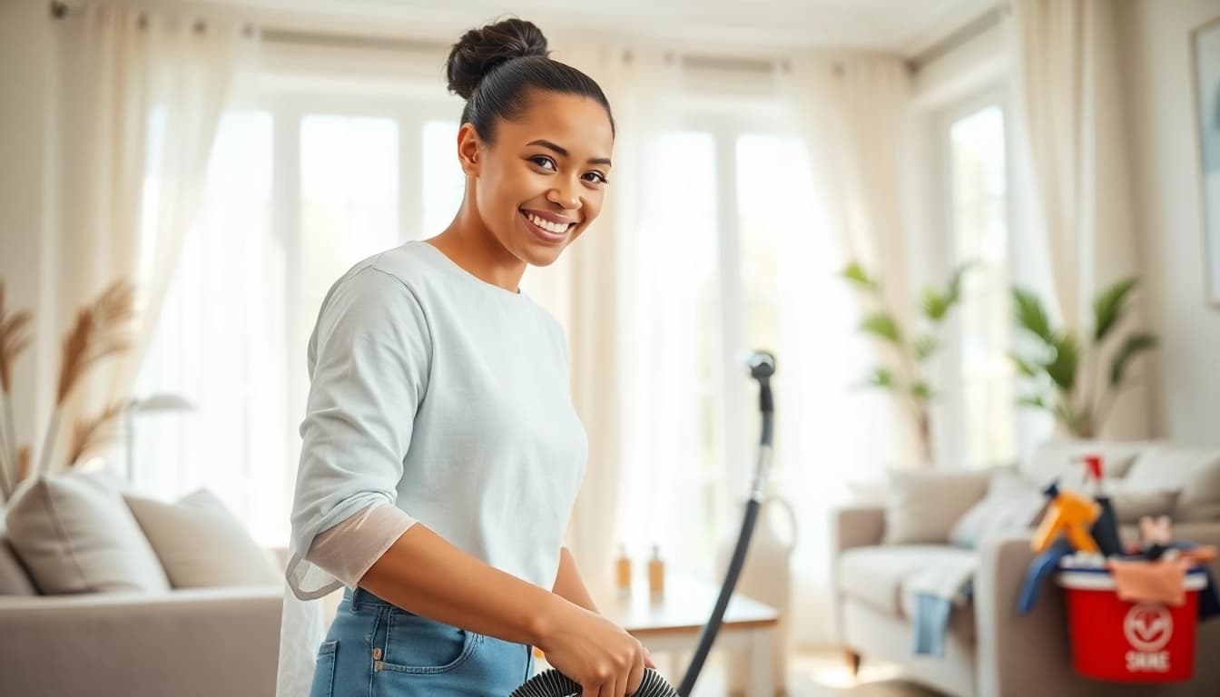Reliable cleaning services near me displayed by a cheerful professional in a tidy living room.