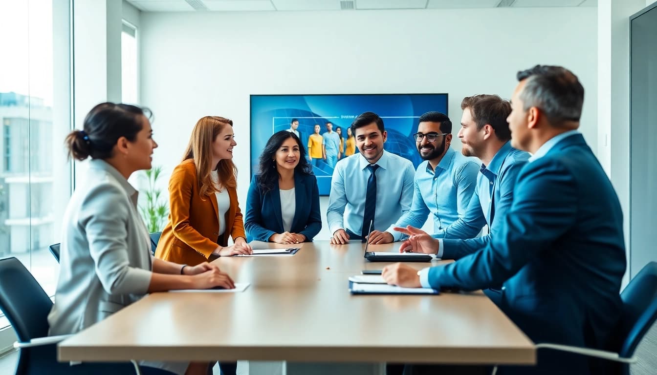 Consultants collaborating on securing federal and state contracts and grants in a modern office.