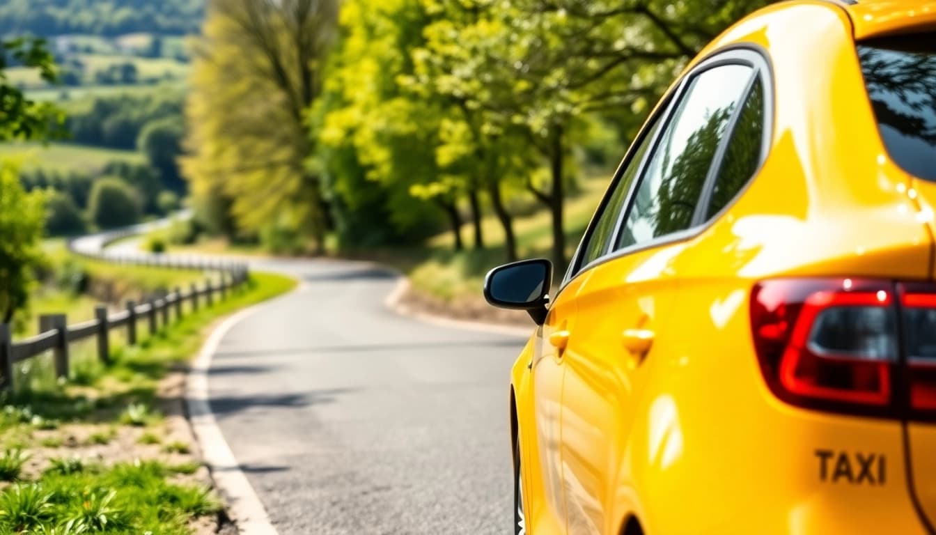 Pyrford taxi service offers reliable transportation in a vibrant yellow vehicle amidst lush surroundings.