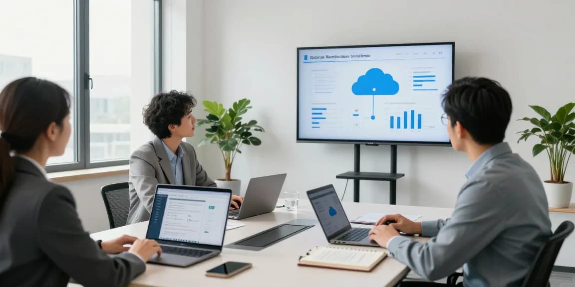 Team discussing a cloud based business phone system in a modern office.
