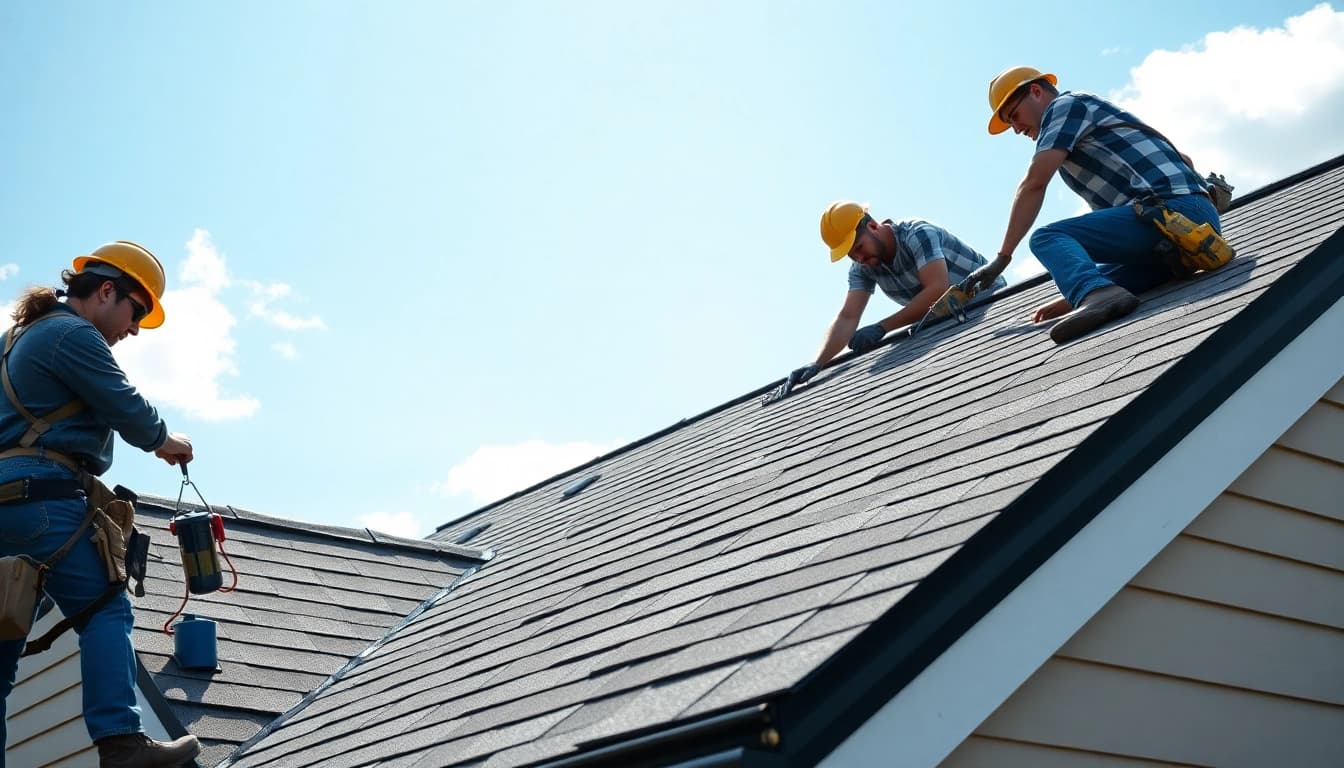 Skilled roofing team installing shingles in South Jersey, showcasing quality craftsmanship and teamwork.