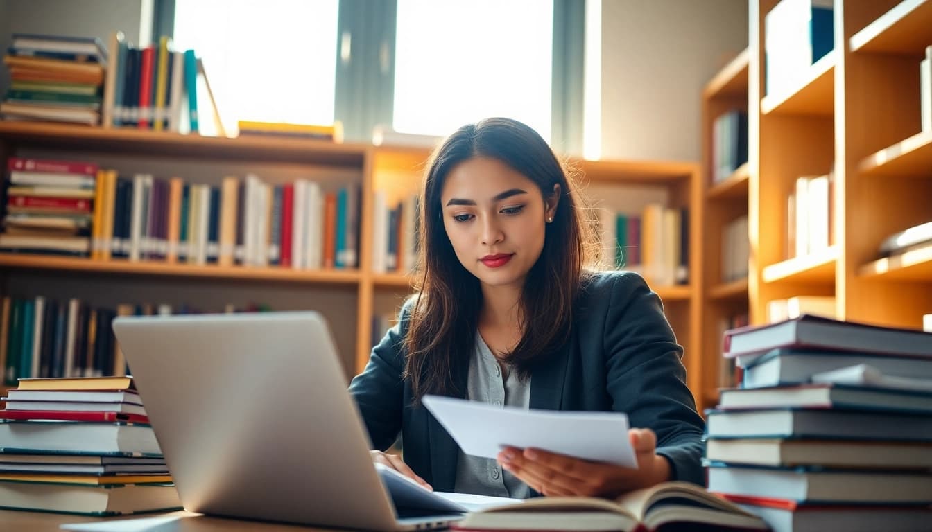 Engaged student utilizing exam assistance services in a study space, surrounded by educational materials.