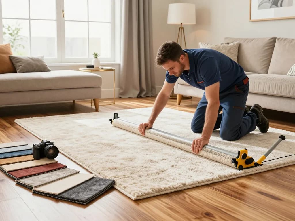 Home carpet fitting services in action with a skilled technician laying plush carpet in an inviting living room