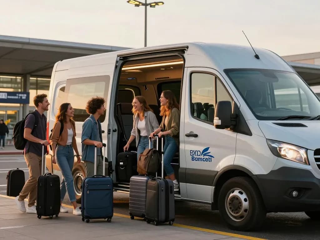 Group of friends loading luggage into a minibus leeds to Manchester Airport, showcasing a friendly travel atmosphere and professional service.