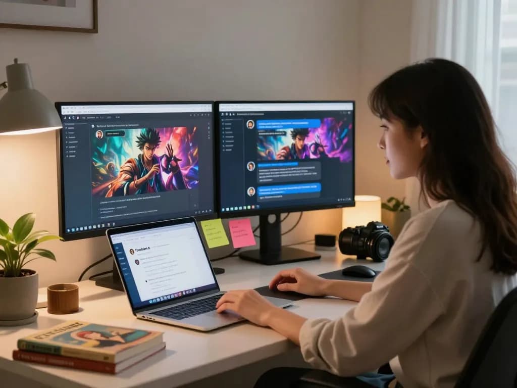 User interacting with a vibrant NSFW AI chat platform in a cozy home office, showcasing engaging visual dialogue.