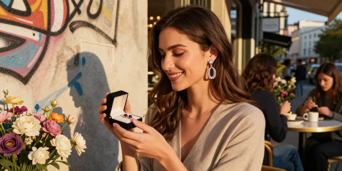 Stylish woman showcasing gemstone hoop earrings UK in chic urban café.