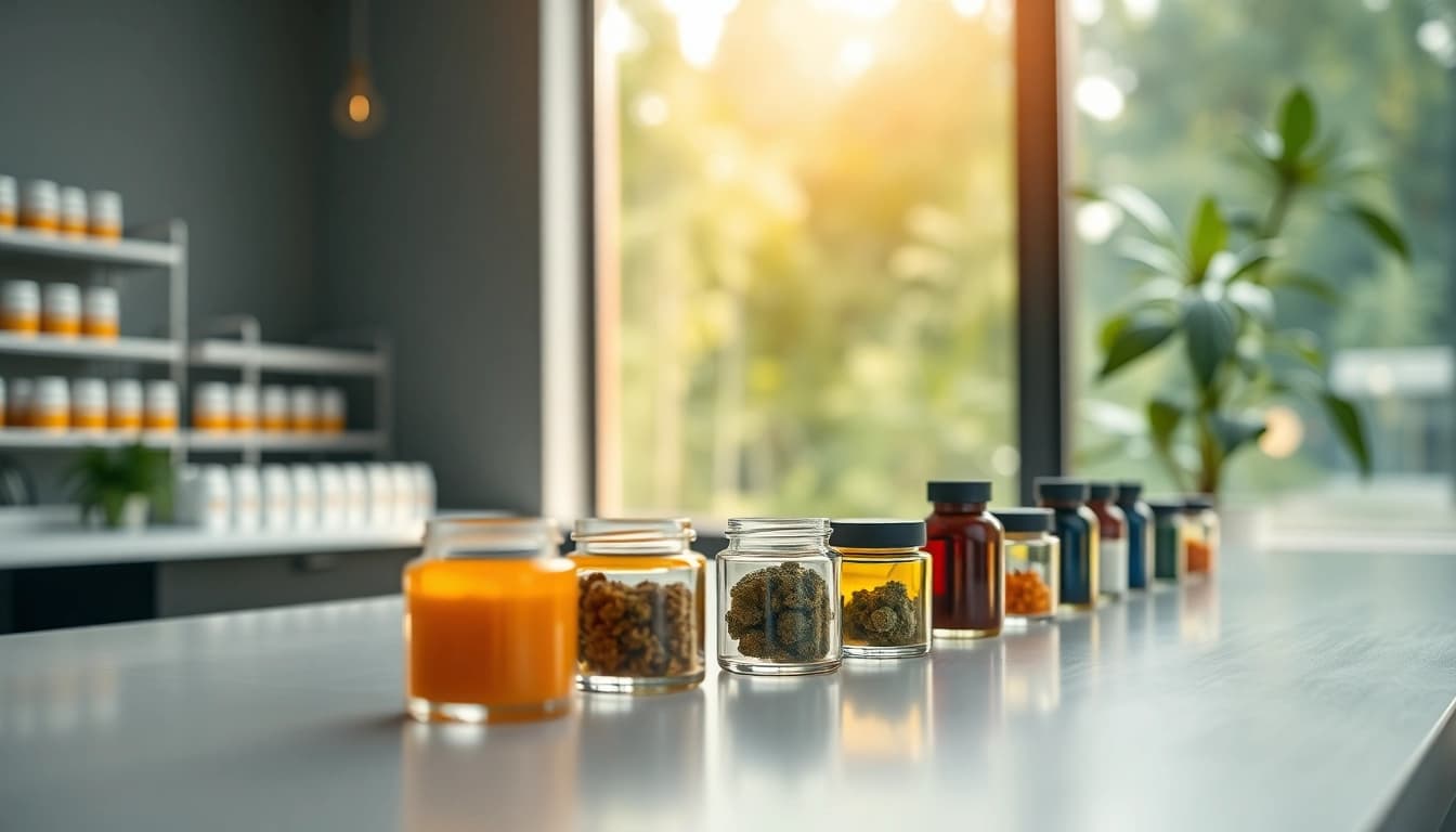 Showcase of THC & CBD Marijuana Concentrates IE in elegant jars highlighting vibrant colors.