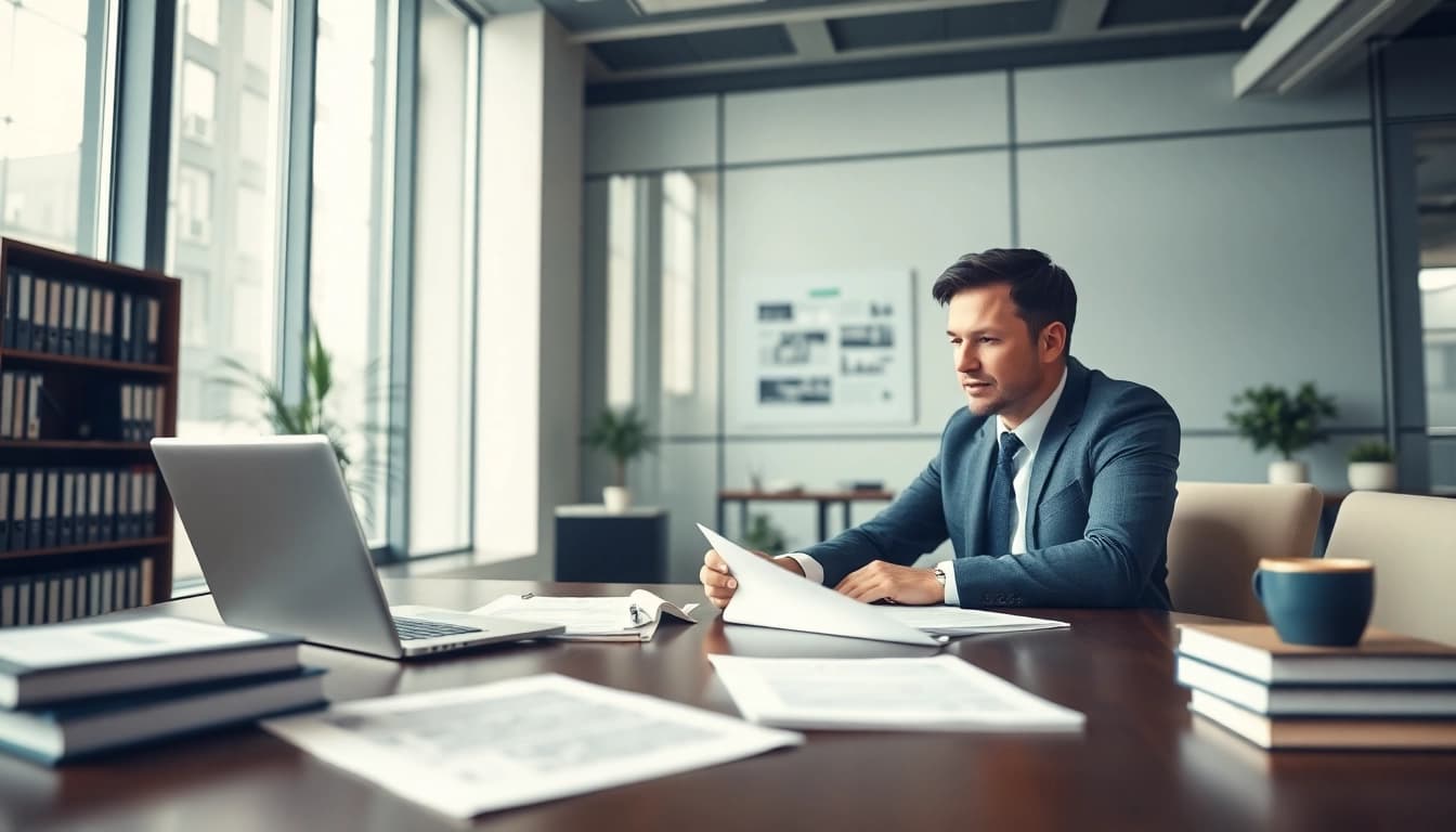 Lawyers for business setup in the US consulting with an entrepreneur in a modern office, showcasing professionalism and trust.