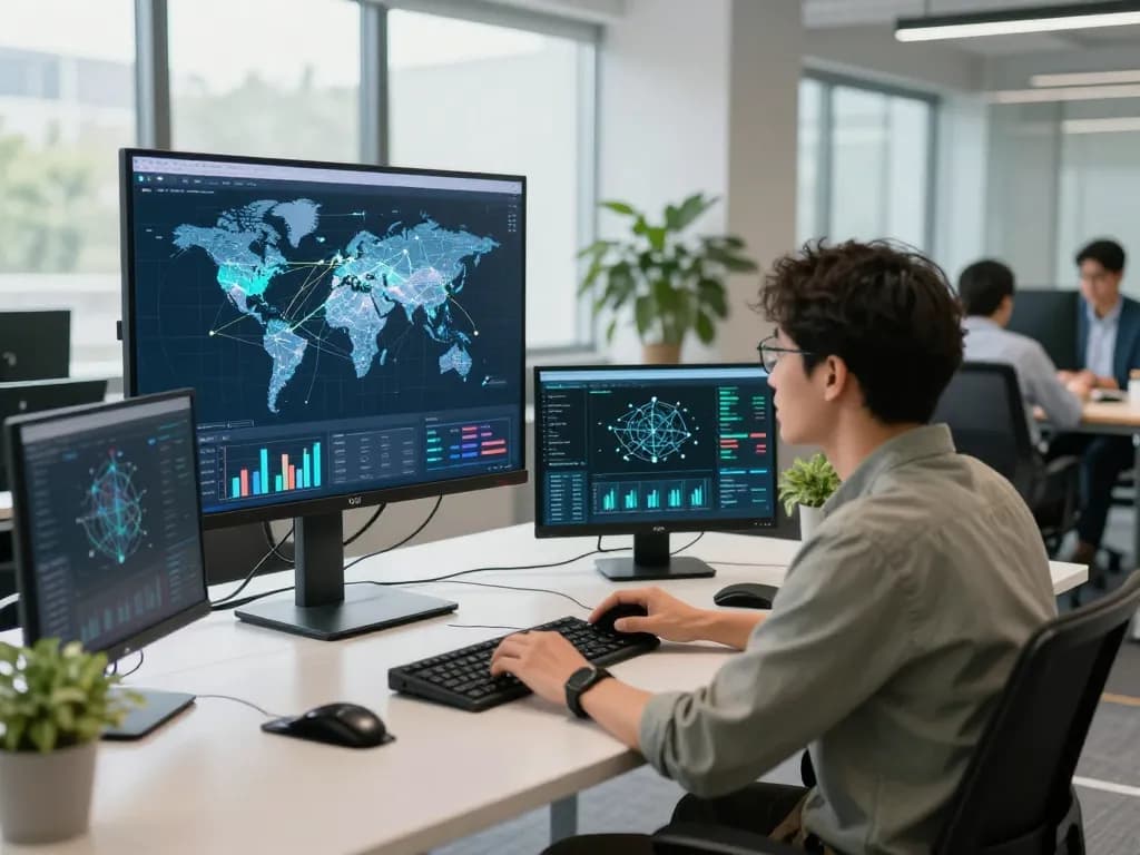 快连 network performance analysis in a modern office, showcasing global connectivity and traffic management.