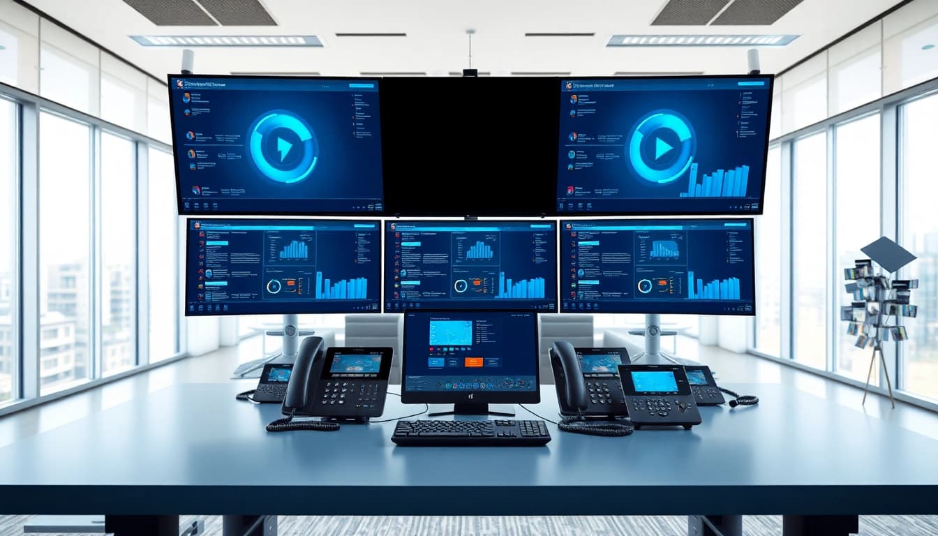 Explore a professional business phone system in a sleek office environment.