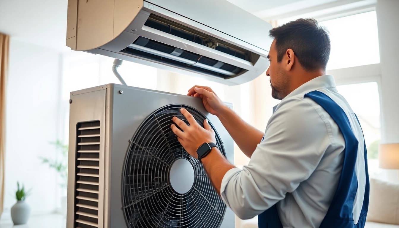 AC Repair Tampa technician working on a modern air conditioning unit indoors.