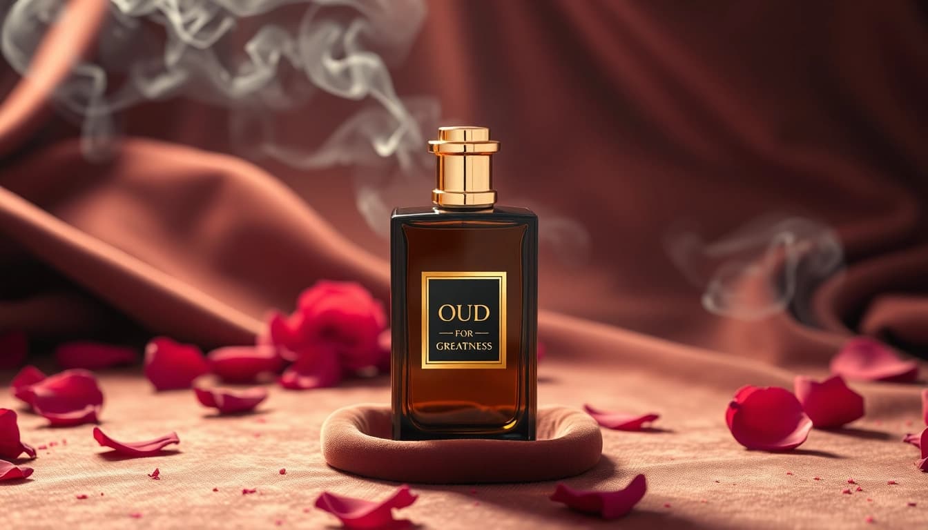 Capture the essence of Oud for greatness with an elegant perfume bottle surrounded by luxurious details.