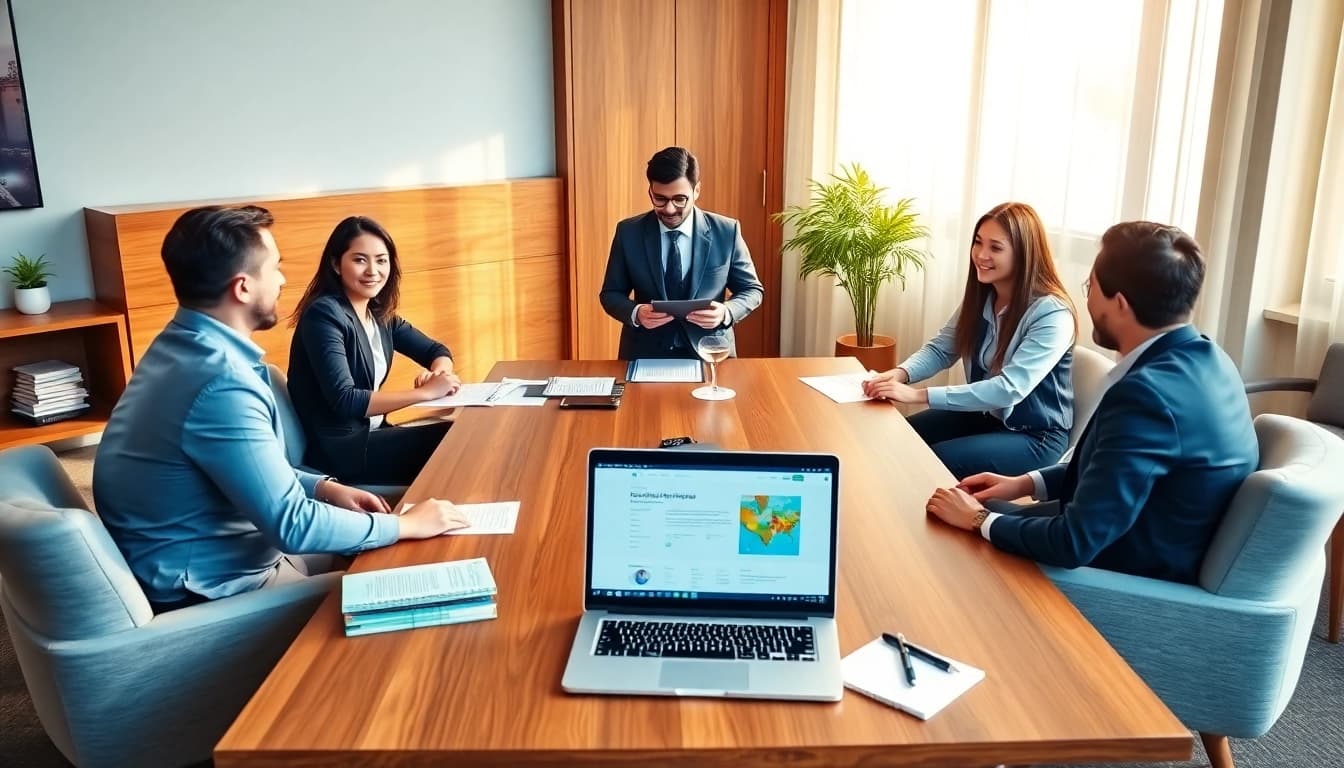 Lawyers for business setup in the US assisting diverse entrepreneurs in a professional office.