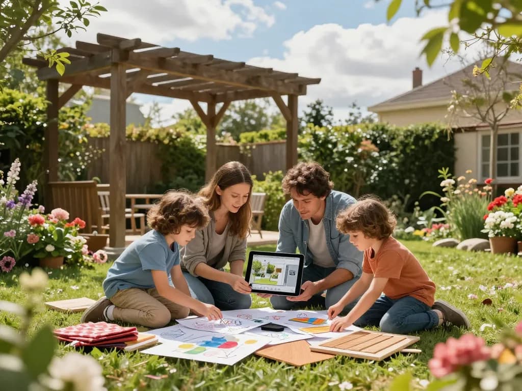 Pergola 3D planner captures a family's joyful outdoor design session surrounded by nature.
