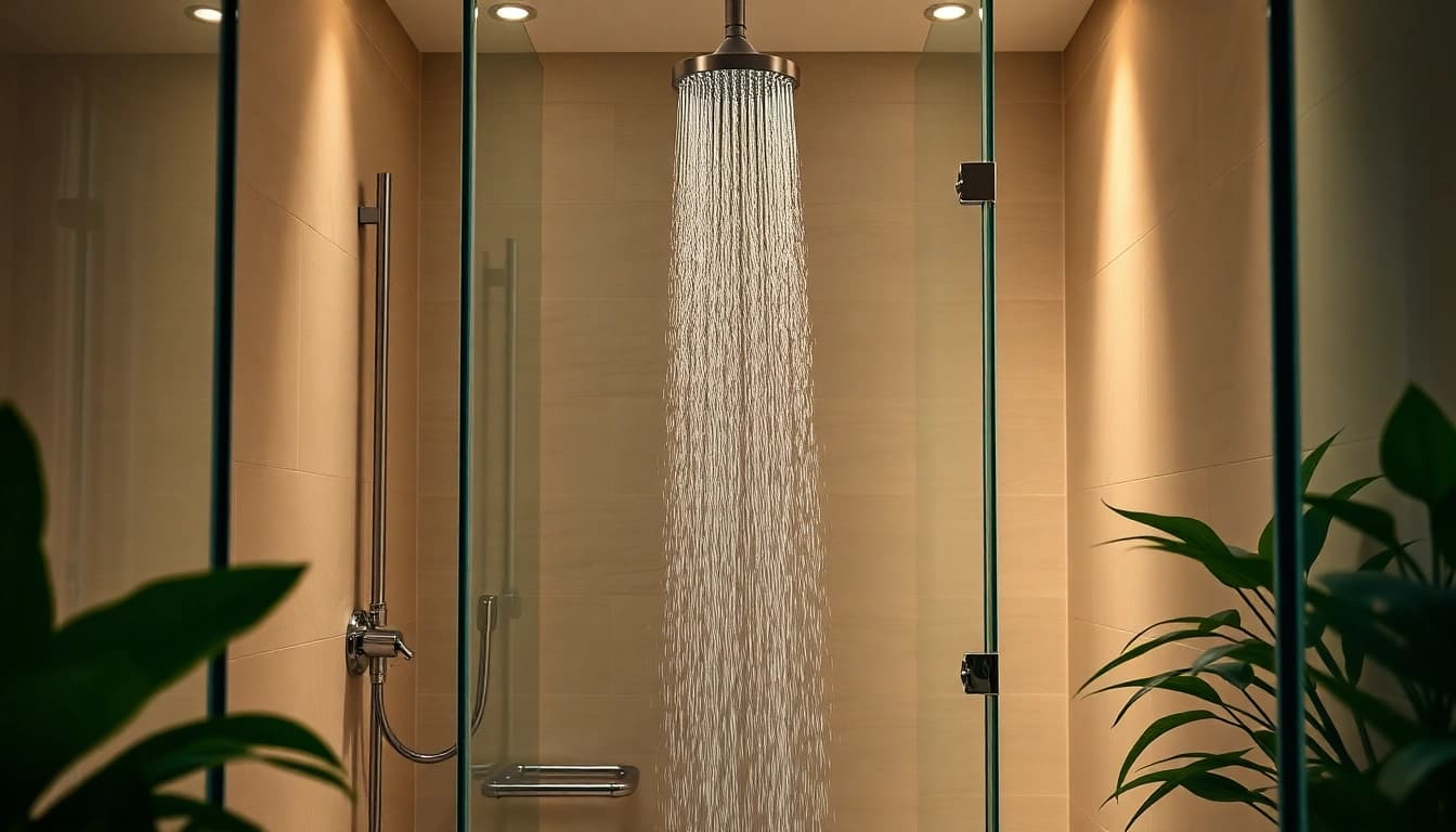 Experience elegant showers with luxurious rainfall features in a serene bathroom setting.