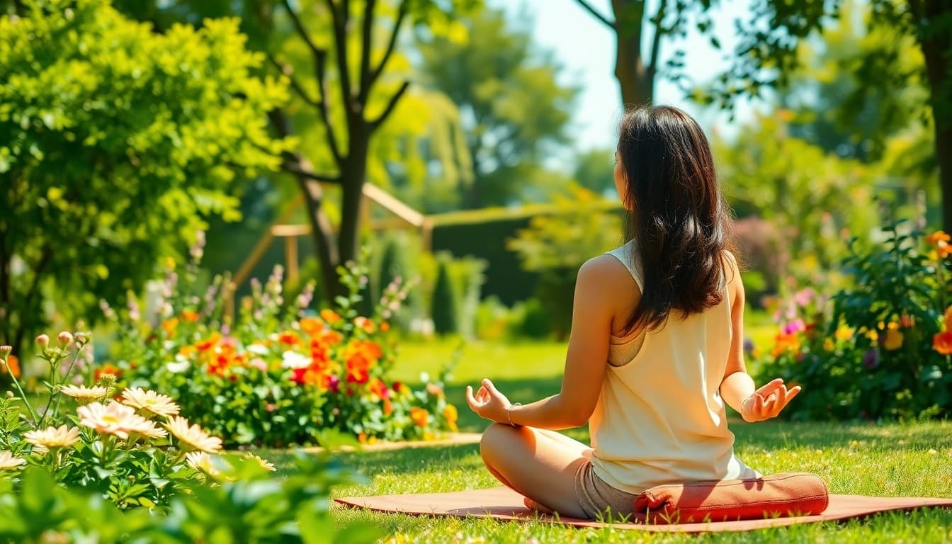 A peaceful meditation scene showcasing mental wellness with a woman in a garden.