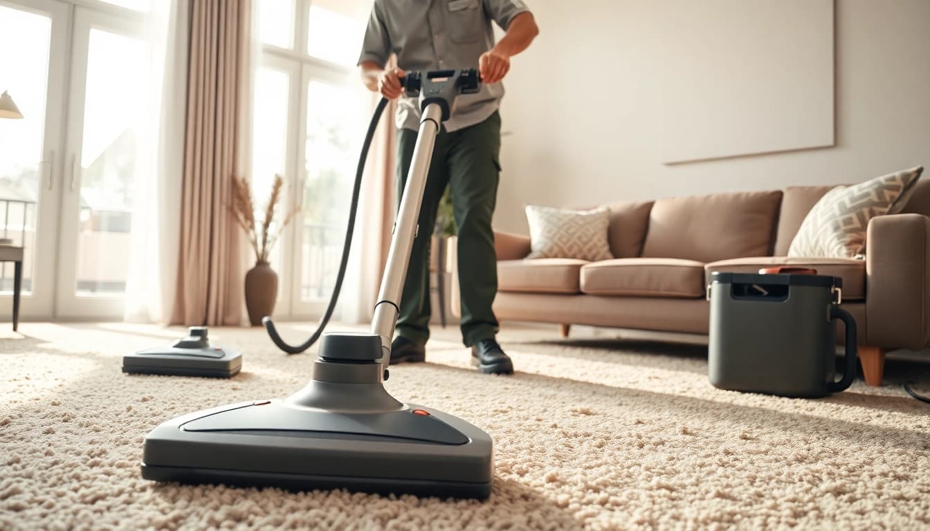 Efficient carpet cleaners in Glasgow revitalizing a soft, elegant living room carpet.