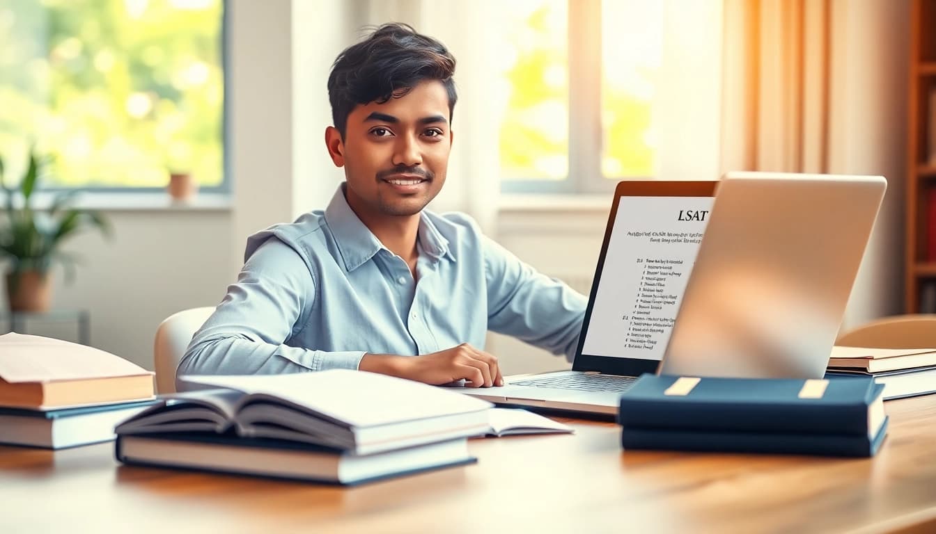 Hire someone to take LSAT for you while preparing for academic success at a study desk.