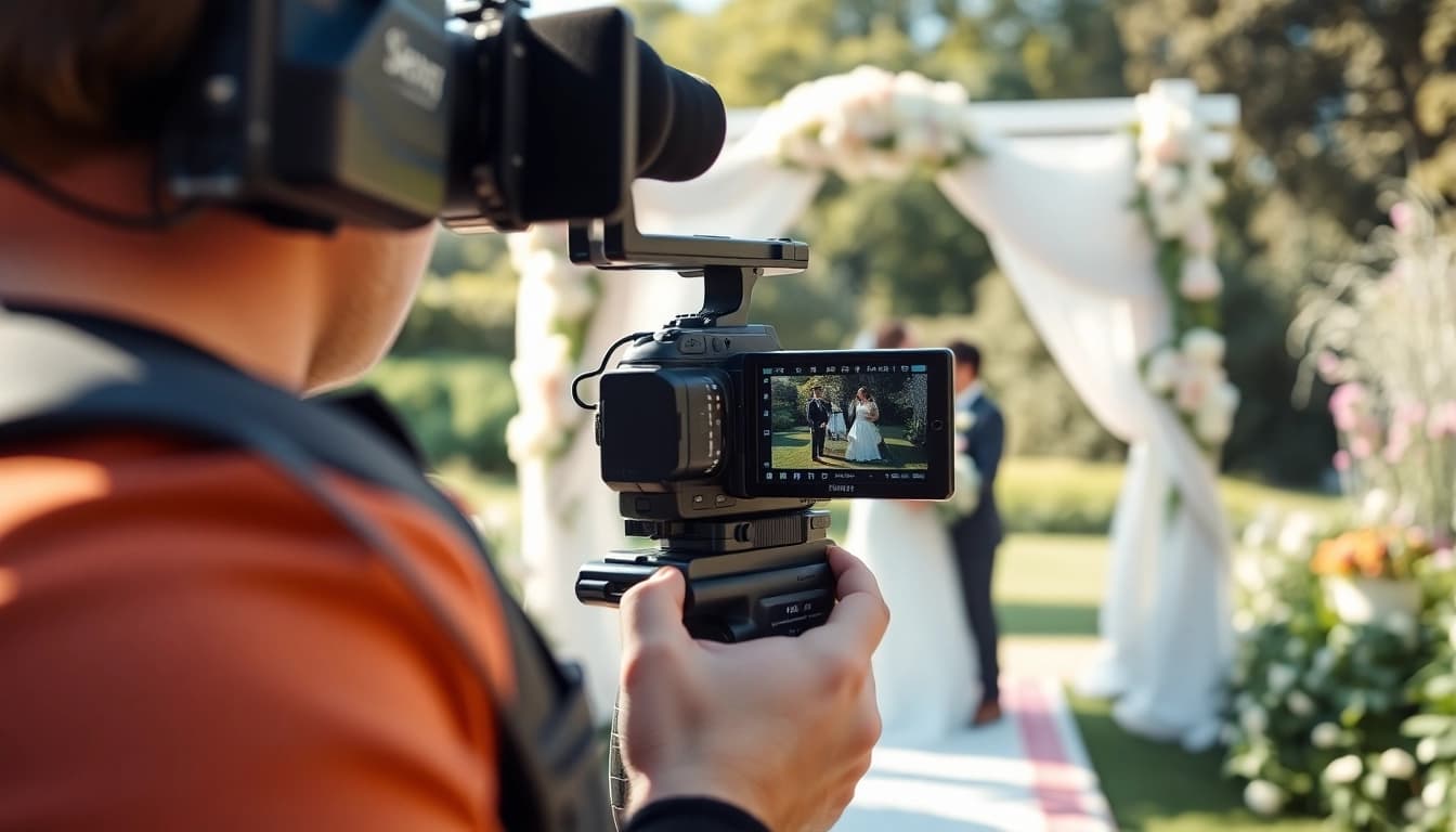 Videographer capturing a beautiful wedding ceremony in natural light using video capture.