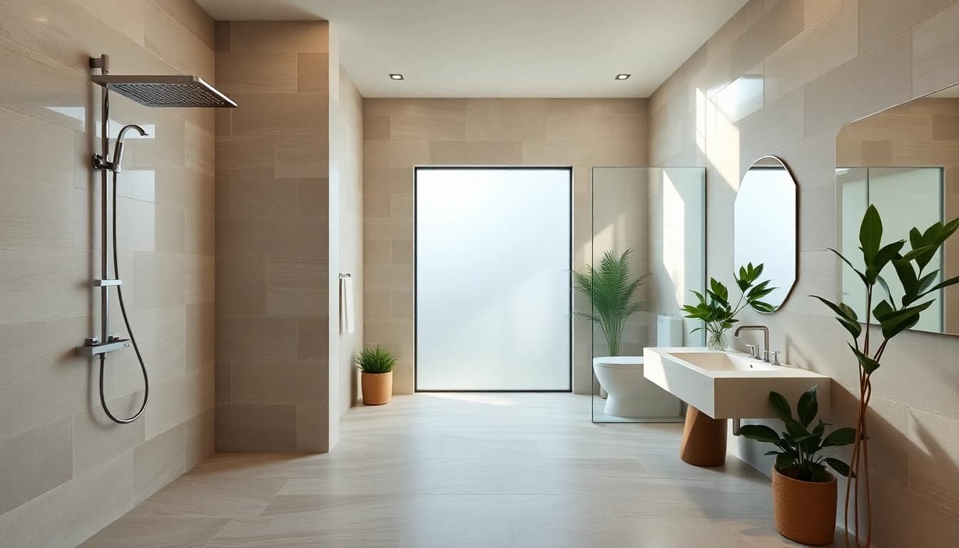 Experience elegant showers in a contemporary bathroom with serene ambiance and modern designs.