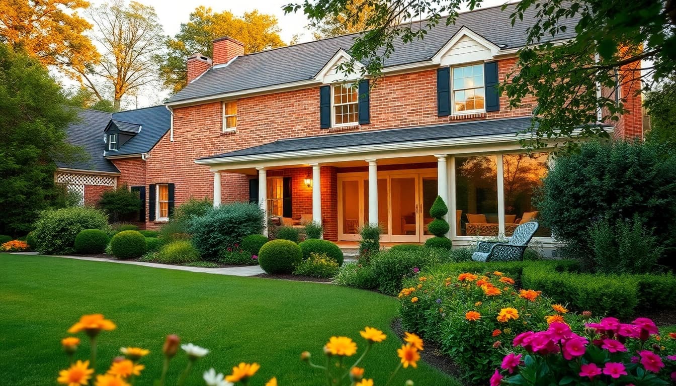 Stunning colonial home addition enhancing charm and elegance with garden view.