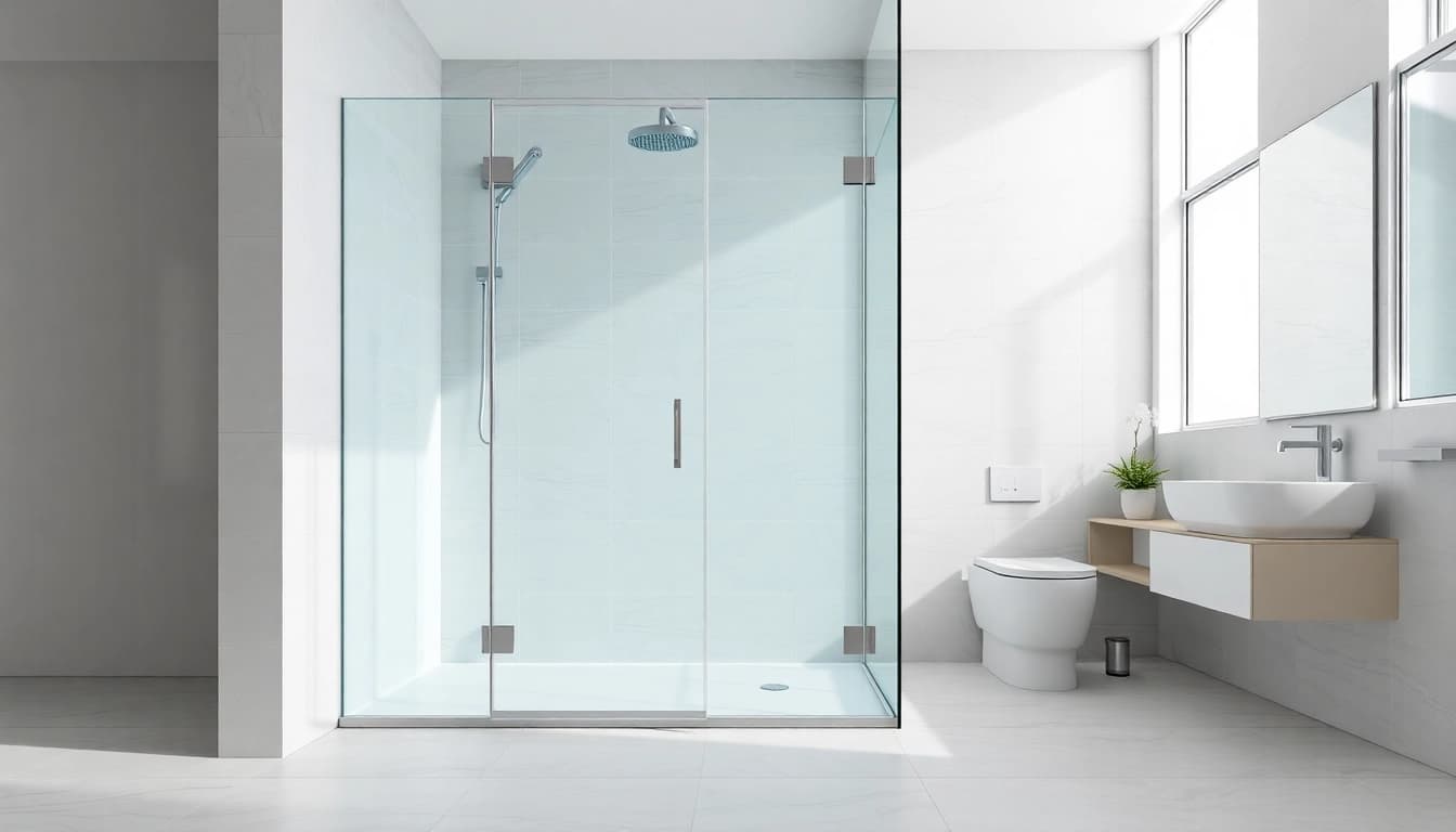 Dusche 100x100 in einem modernen Badezimmer; stilvolles Design und helle Beleuchtung