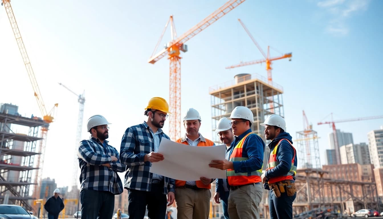 New York General Contractor collaborating on a construction site with blueprints and tools.