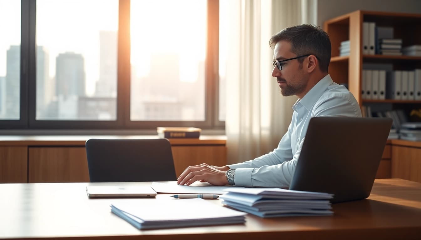 A professional advisor analyzing Federal and State contracts and grants in a bright office.