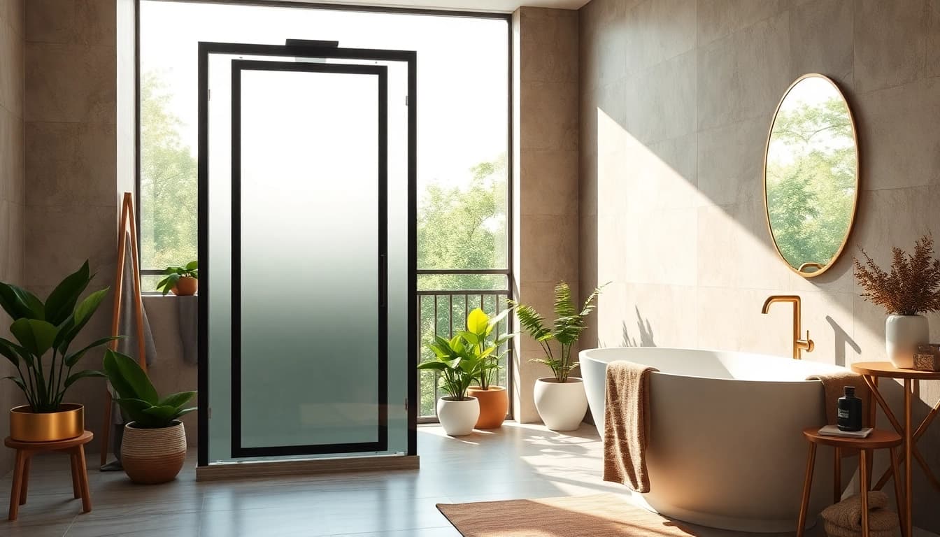 Modern black frame shower doors enhancing a sleek, stylish bathroom design.