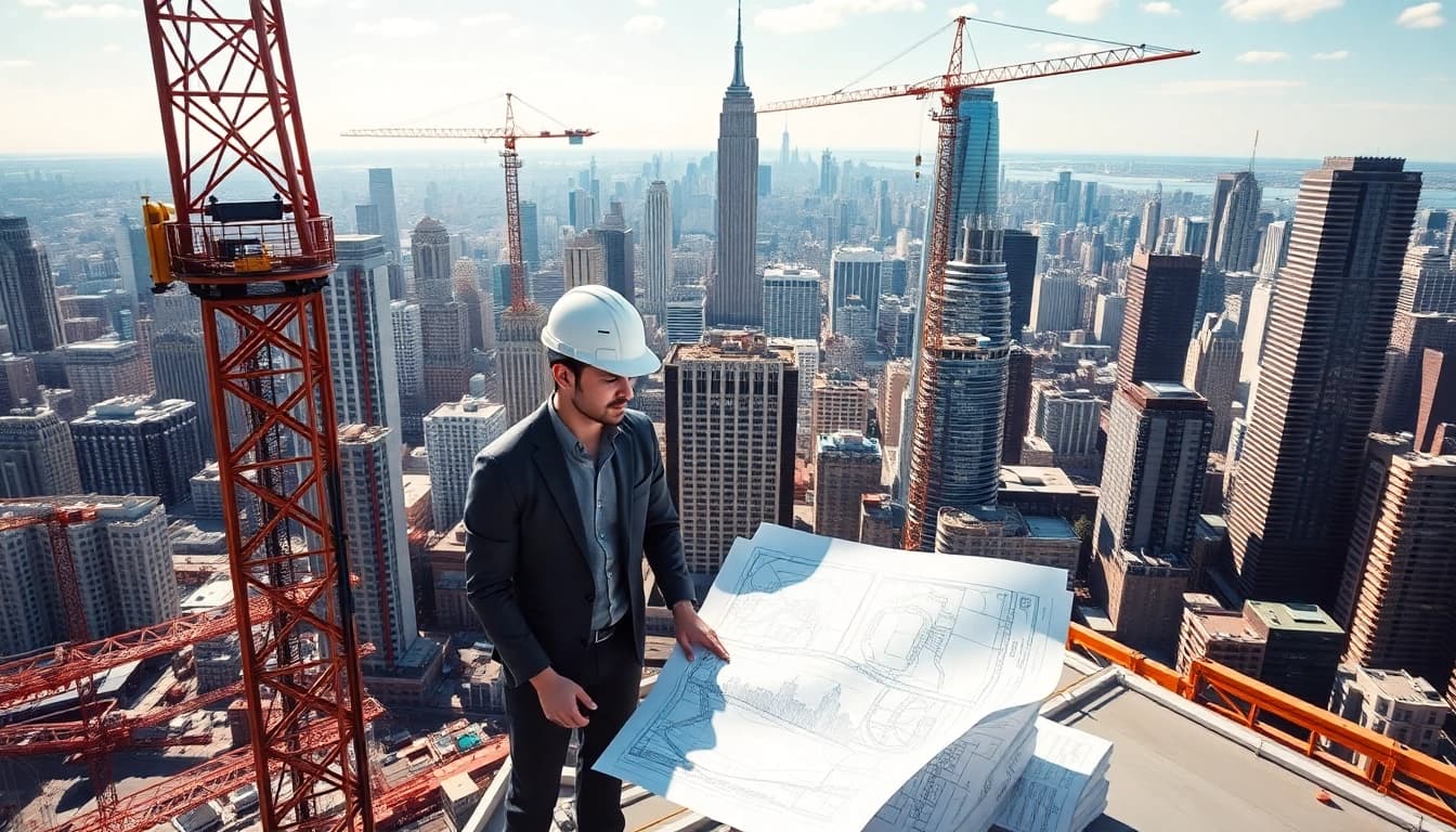 New York City Commercial General Contractor overseeing a skyscraper project with construction equipment.