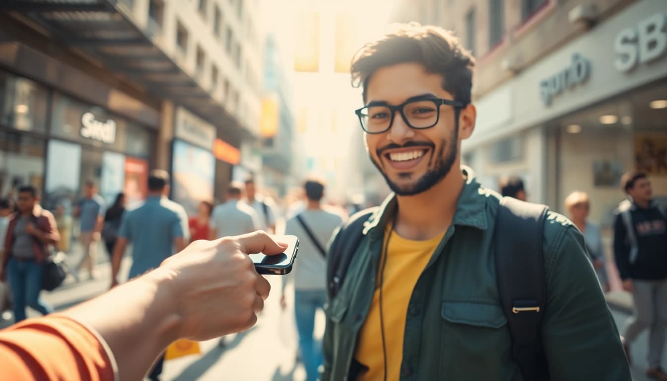 Sell Phone Fast Cash transaction between a seller and buyer in an urban environment.