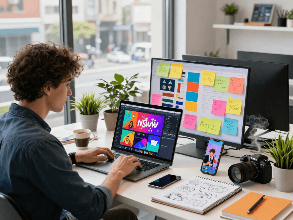 Youthful creator engaging with NSFW content creation in a dynamic workspace.