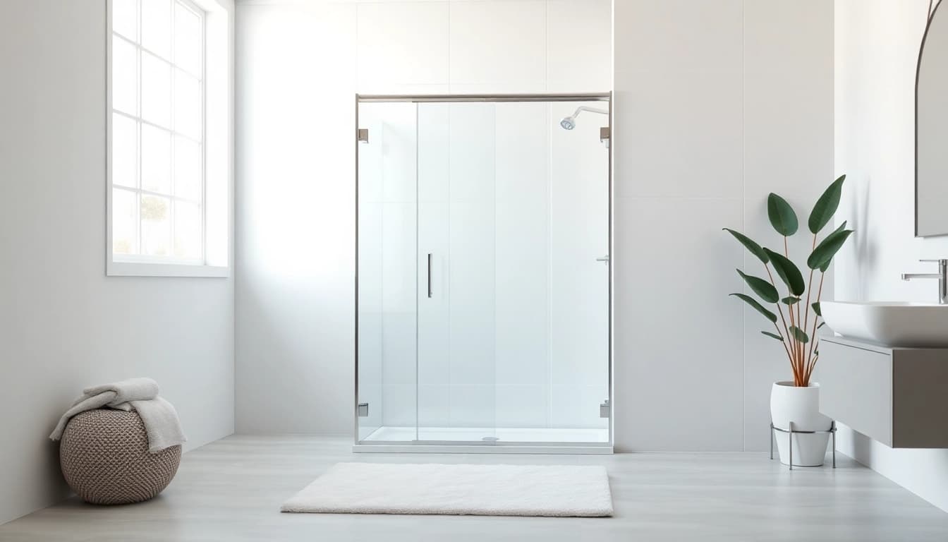 Stunning shower screen door enhancing a modern bathroom's aesthetics with natural light.