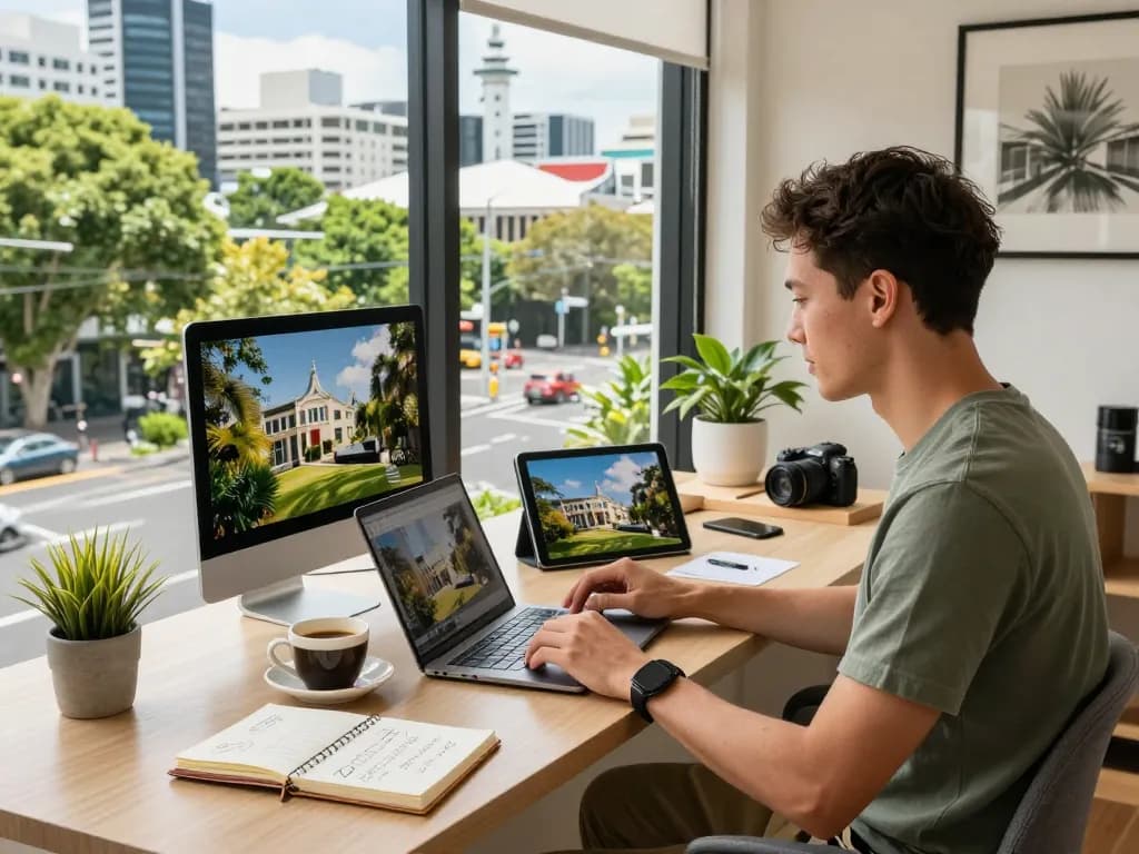 Engaging in airbnb management Auckland with a modern office setup showcasing vibrant local views and guest interaction.