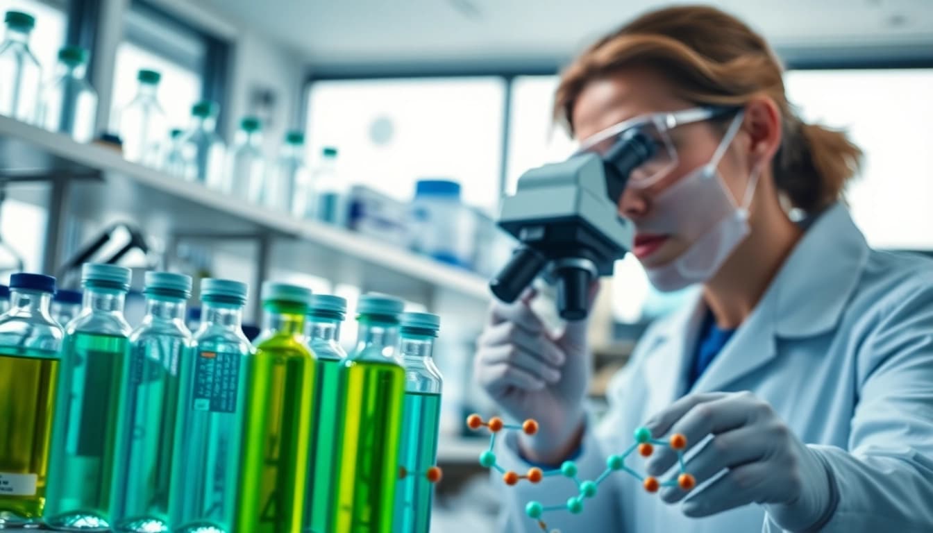 Scientist researching Peptides UK in a modern laboratory setting with vibrant samples.