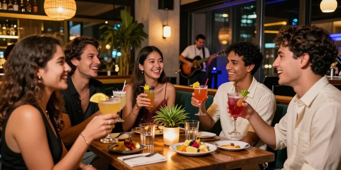 Friends enjoying vibrant nightlife at rokok88 bar, cocktails and laughter.