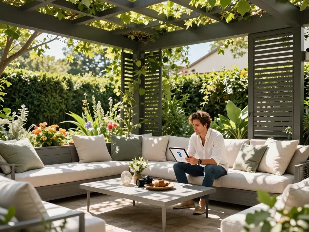 Designer interacting with a pergola configurator in a beautiful outdoor setting.