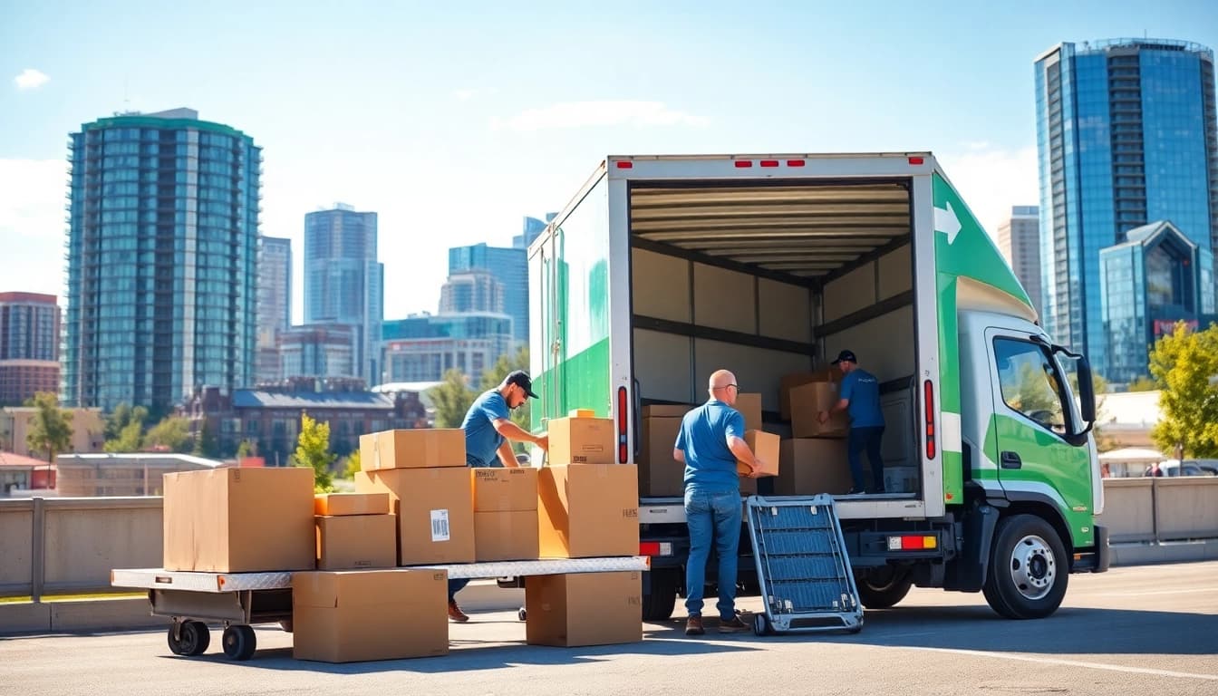 Action-packed scene of moving companies calgary loading a truck against the city skyline.