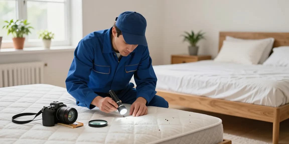 Professional bed bug control inspection in a bright bedroom, exterminator using tools for effective treatment.