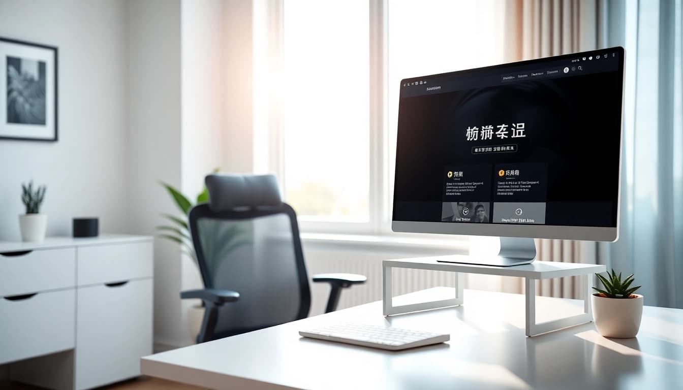 在明亮的办公环境中的一台时尚的现代电脑上显示的快连官网。