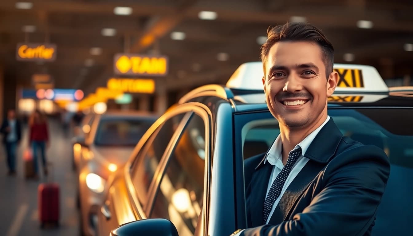 Taxi service at Heathrow showcasing friendly driver ready to assist travelers.
