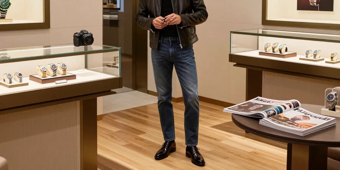 Discovering a luxury rolex replica in a modern jewelry boutique, showcasing exquisite craftsmanship.
