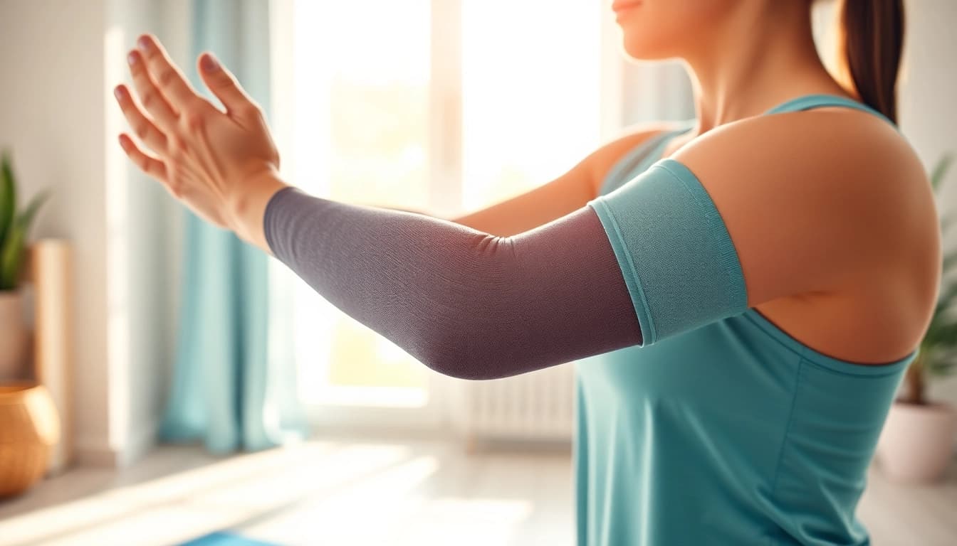 Best elbow compression sleeve for bursitis worn during light exercise in a wellness environment.