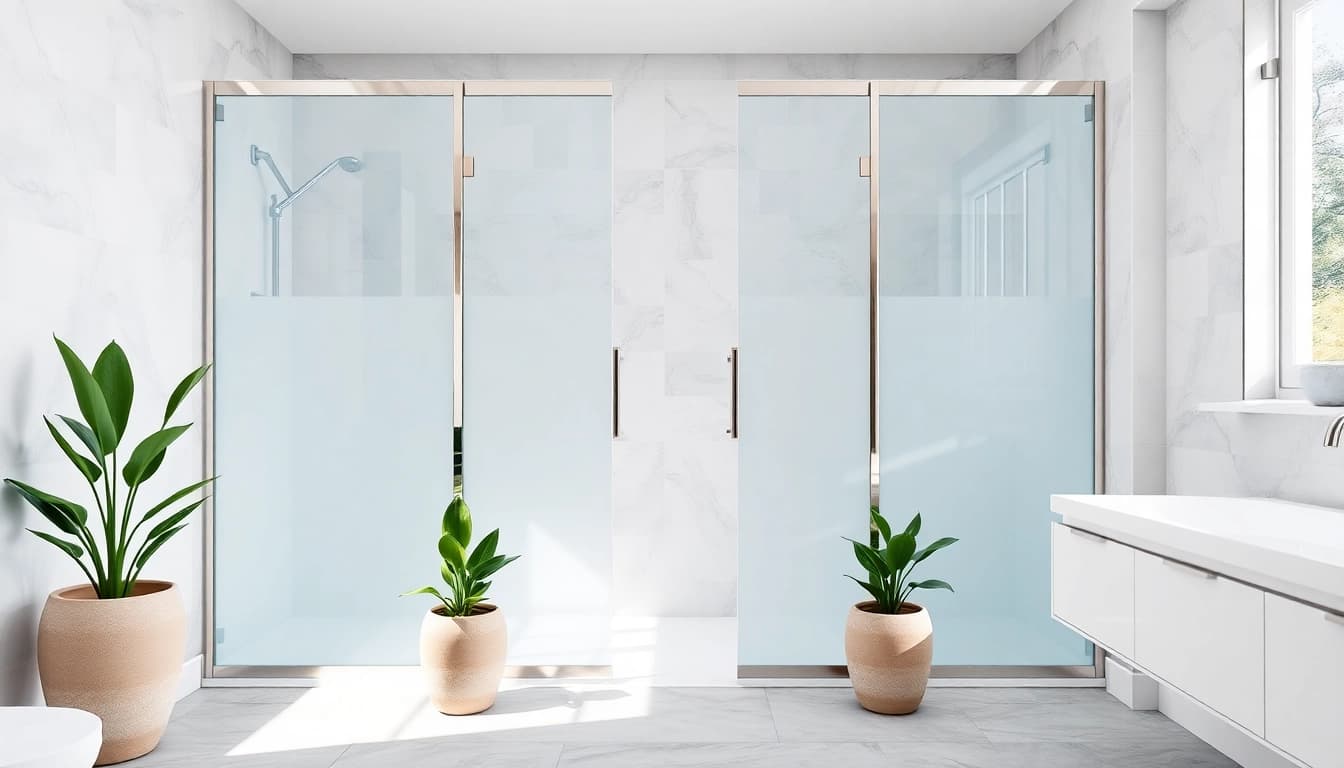 Elegant shower doors sliding elegantly open in a modern bathroom setting, inviting a relaxed ambiance.