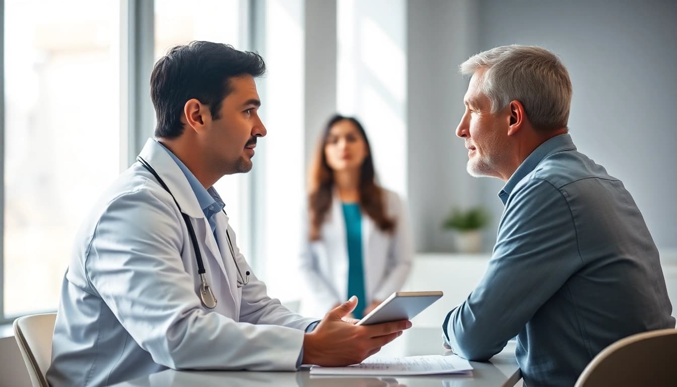 Tirzepatide consultation between a patient and healthcare professional in a clinical setting.