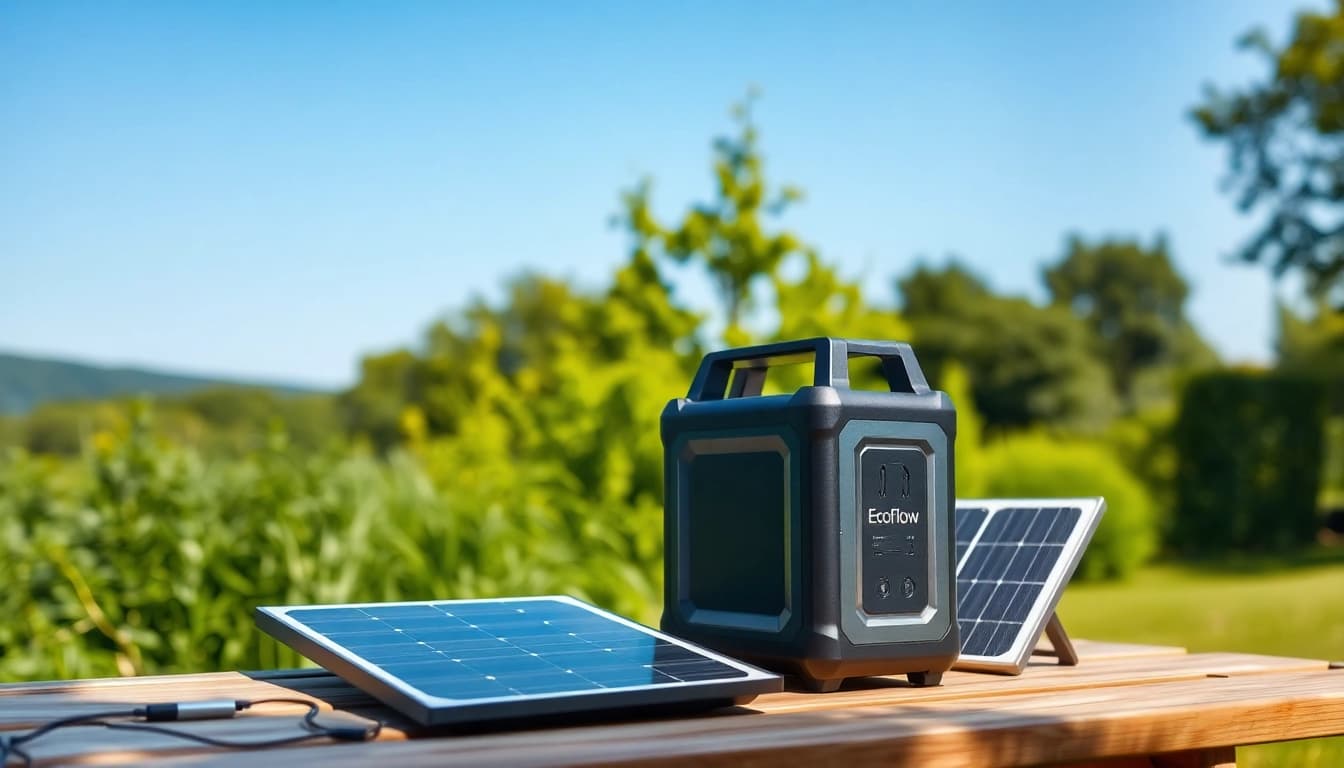 EcoFlow portable power station showcased outdoors with solar panels.