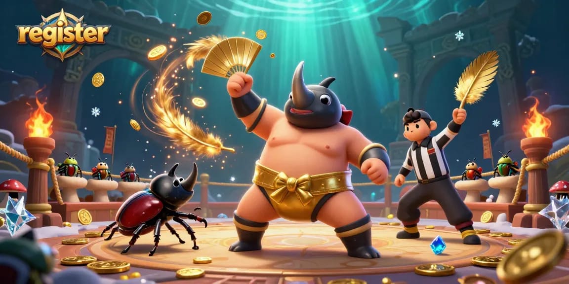 Register to win exciting prizes in a vibrant 3D casino battle scene with beetles and gold coins.