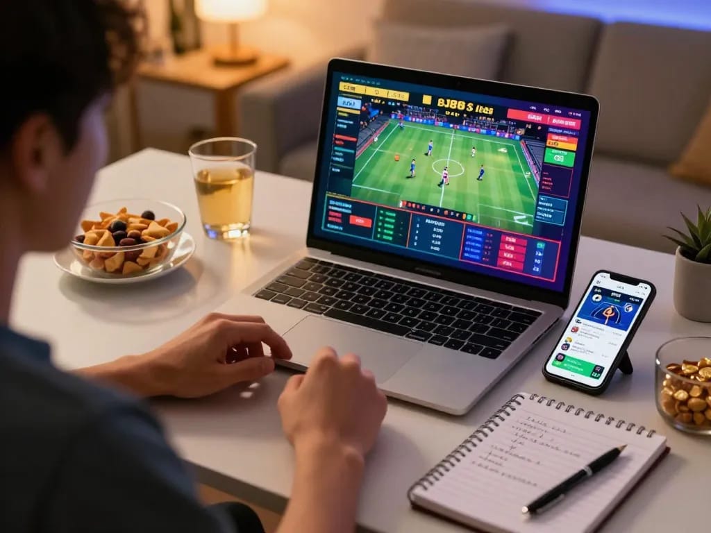 Engaging online betting experience on BJ88 with laptop and smartphone in a cozy home setting.