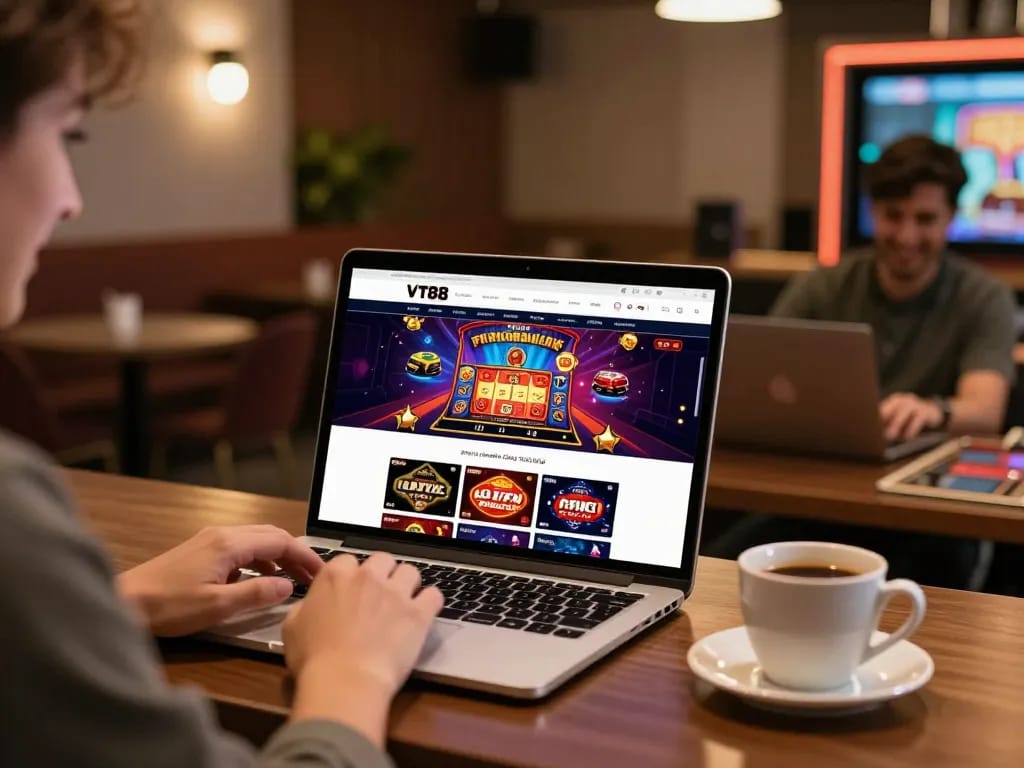 Engaging online gaming scene on the vt88 homepage with a player and dynamic casino interface.