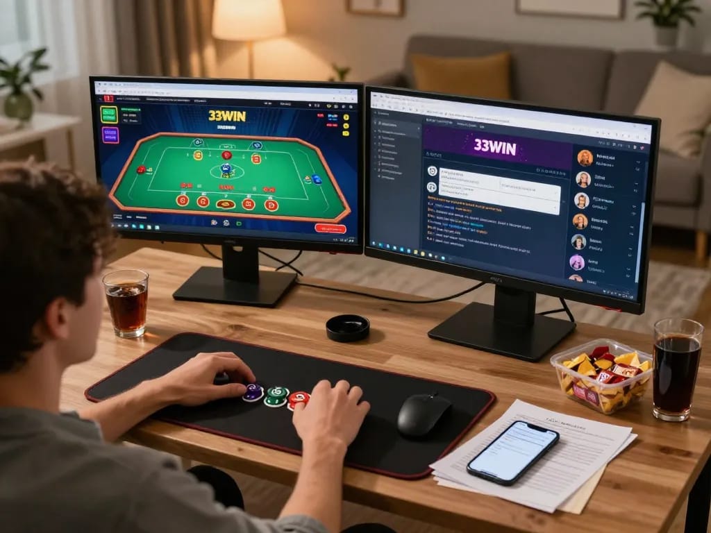 Engage with 33WIN online casino in an immersive gaming session at home, showcasing a player navigating through games.